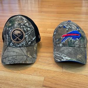 Buffalo Sabres and Bills hats; camouflage with team logo